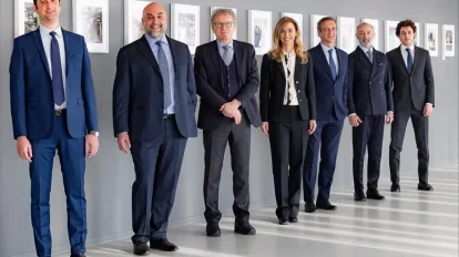 Conseil d'administration du groupe Scm. De gauche à droite : Martino Gemmani, Enrico Aureli, Marco Mancini, Valentina Aureli, Giovanni Gemmani, Andrea Aureli et Luca Franceschini.